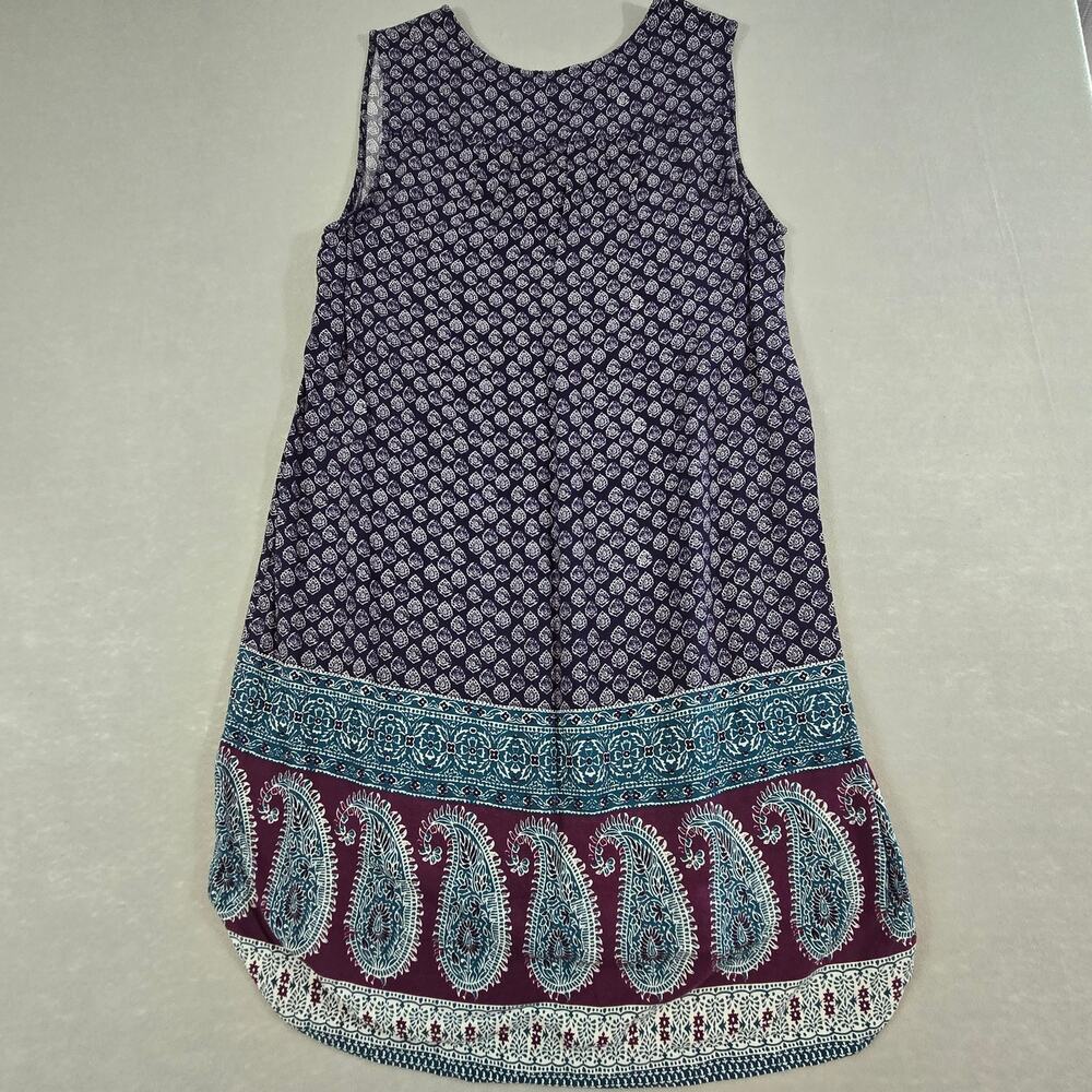 Beach Lunch Lounge Shift Dress Womens Blue Paisley Tassled Split Neck - Picture 2 of 11